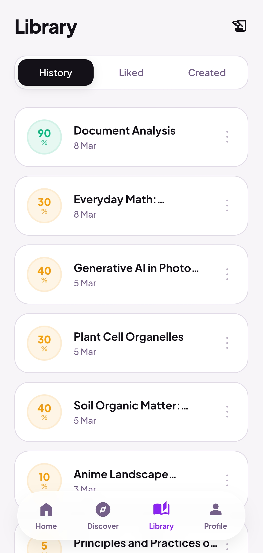 Quizzy AI quiz library displaying attempted quizzes generated quizzes and liked quizzes