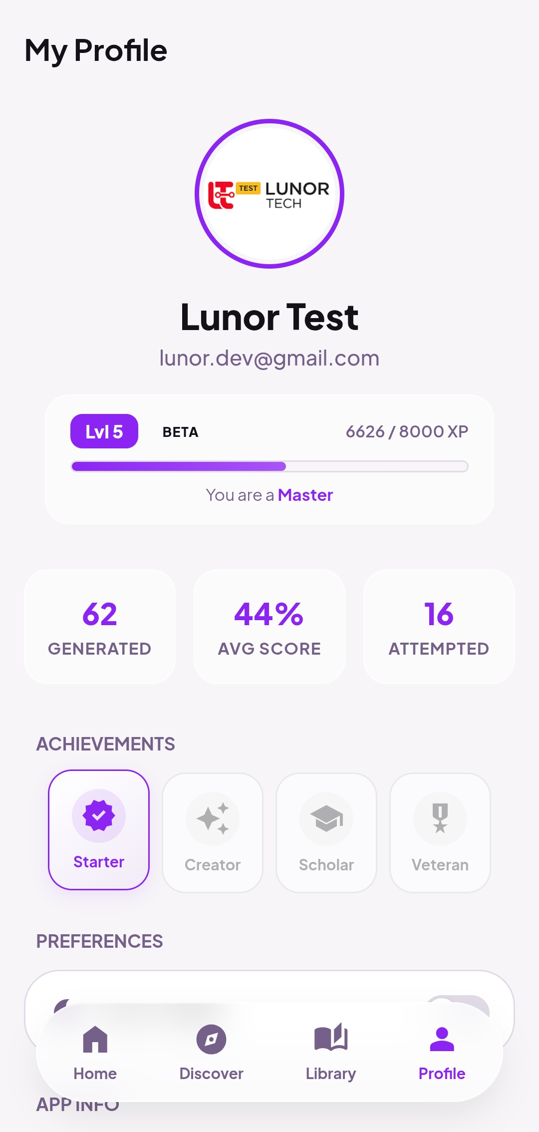 User profile page in Quizzy AI showing student account and quiz activity