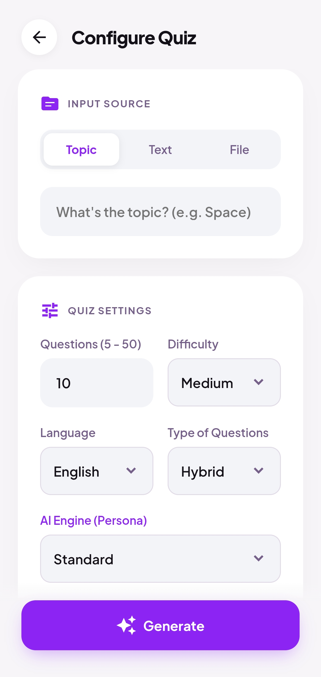 Quiz setup page in Quizzy AI where users enter details to generate an AI quiz