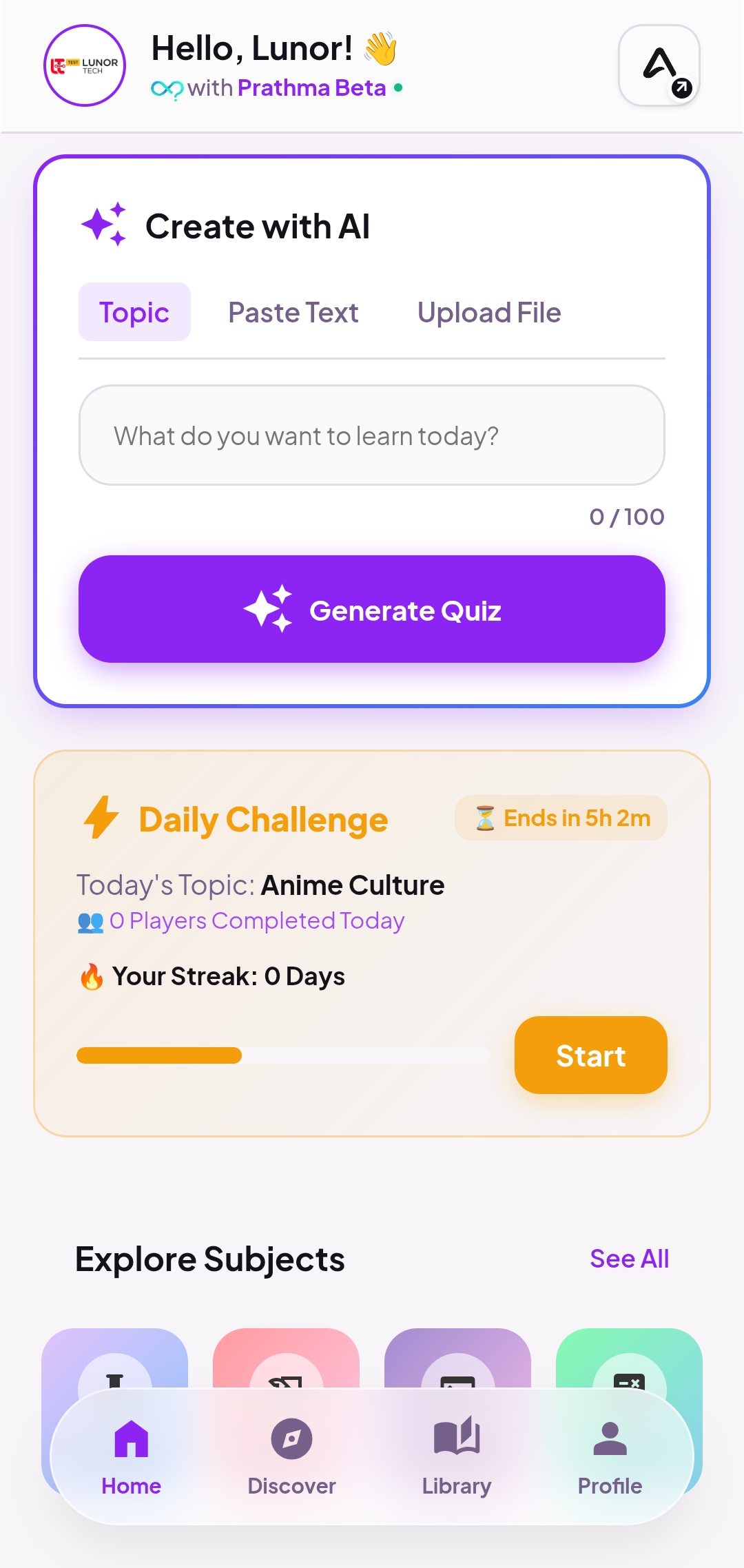 Quizzy AI homepage dashboard showing AI quiz generator and student learning interface