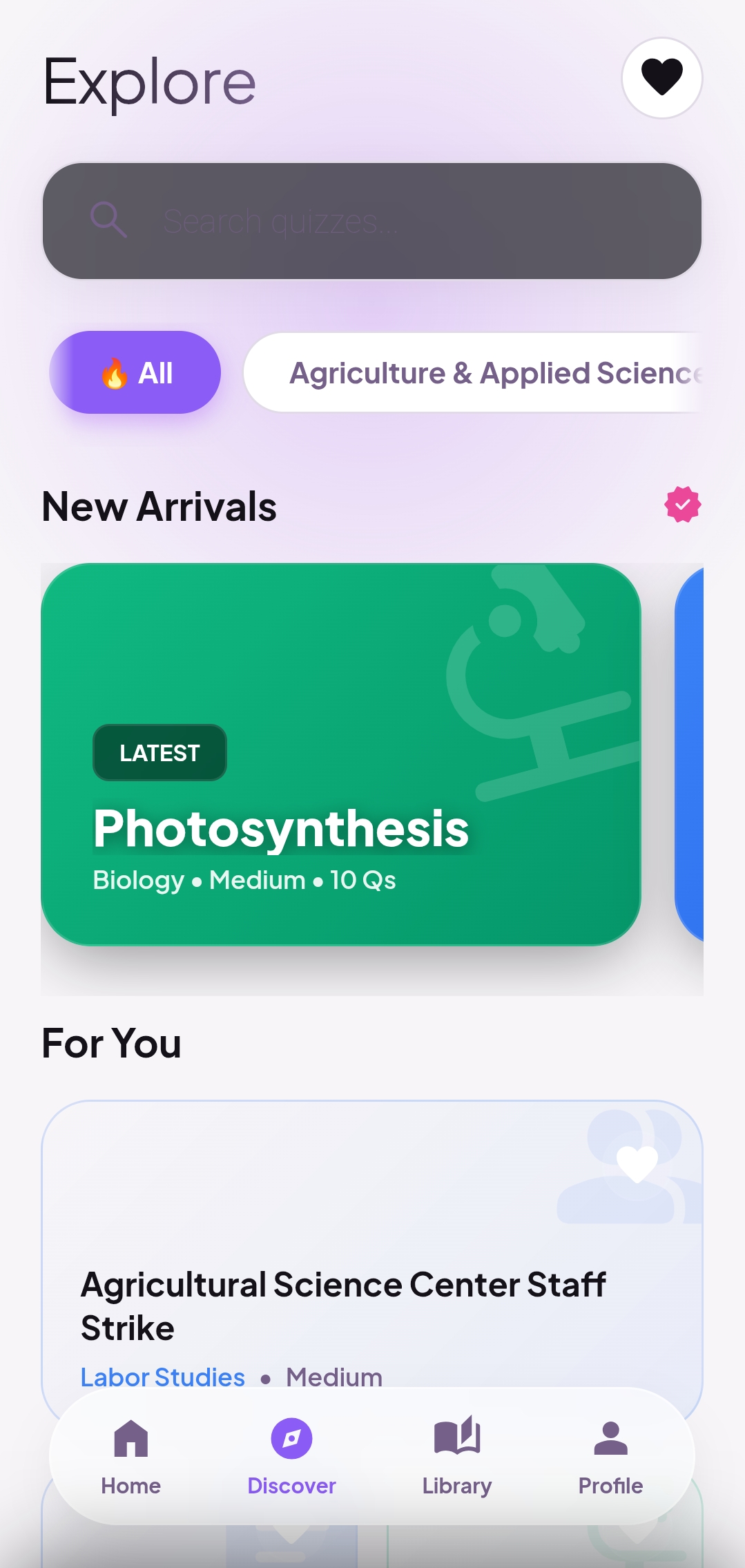 Quizzy AI explore page where students discover trending and public quizzes